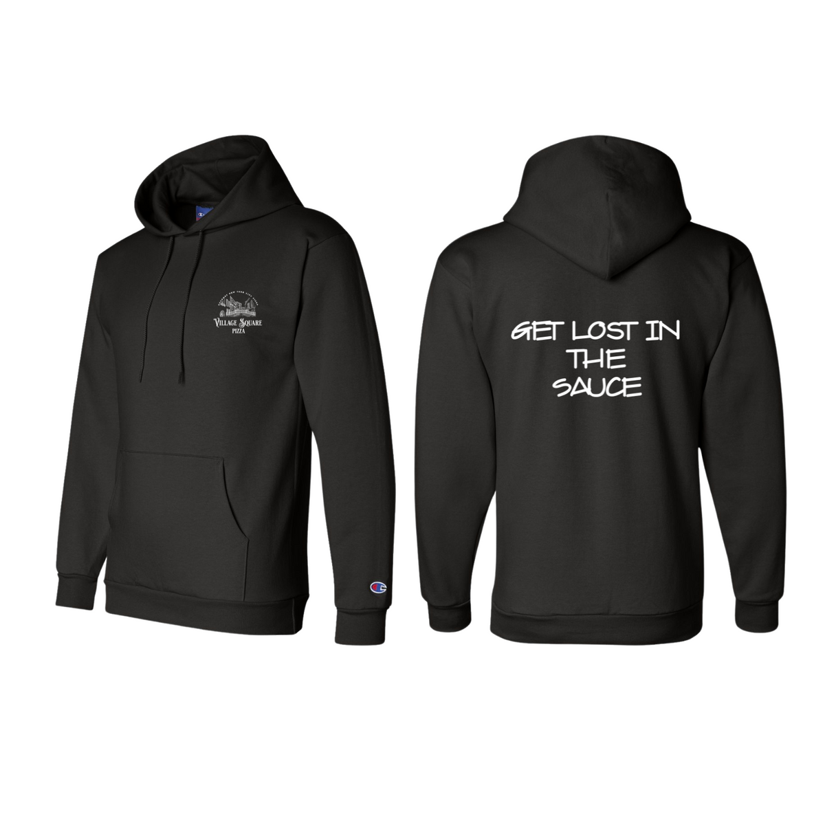 Champion Pullover Hoodie with Slogan Village Square Pizza